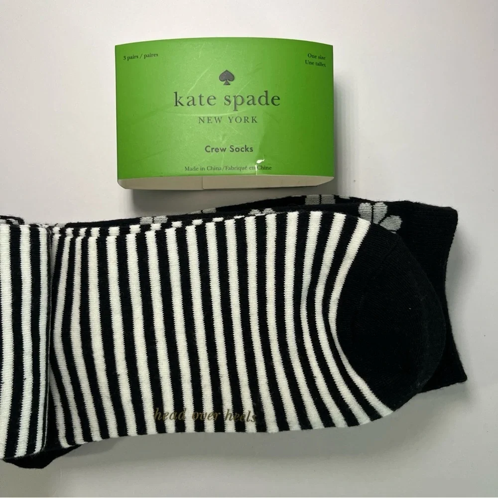 NWT Kate Spade Crew Socks 3 Pack One Size 4-10 Black White Striped Flower Animal - Picture 7 of 8